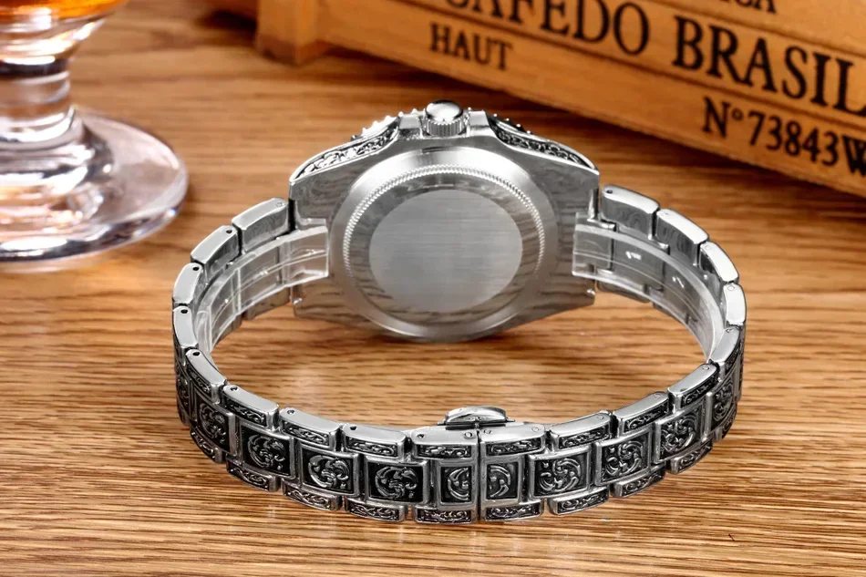 Intagliato antico Vintage luminoso oro rosa giallo oro argento 2 toni rosso verde blu gradiente moda classico orologio da uomo al quarzo