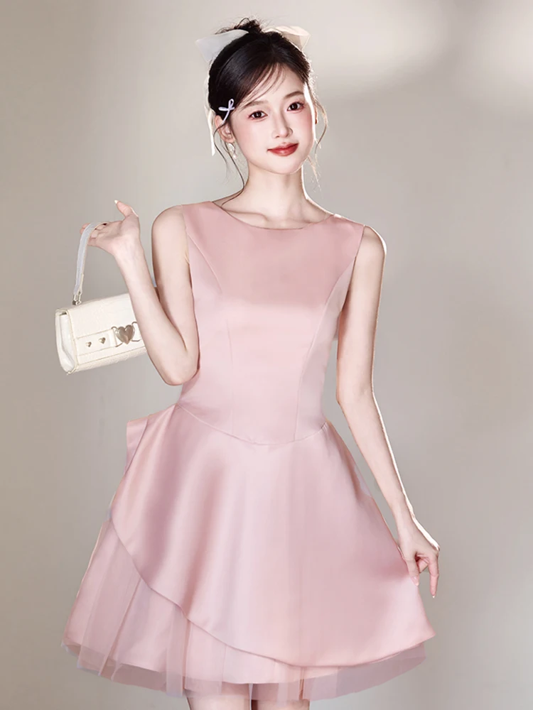 Robe de soirée courte rose en Satin pour femmes, tenue de soirée élégante, col ras du cou, ligne a, légère, de luxe, plissée, pour occasions formelles