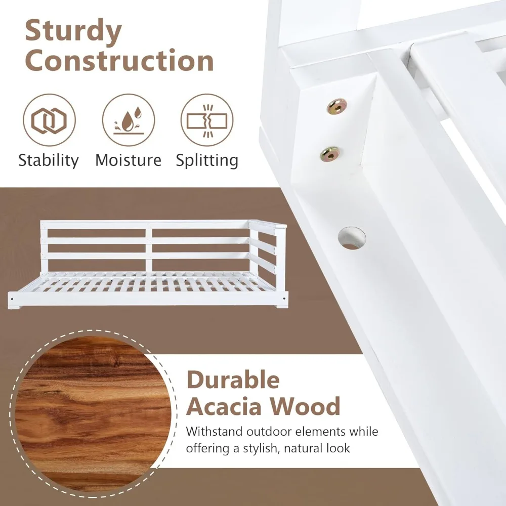 سرير أرجوحة للشرفة الخارجية مع حبال من القنب، سرير معلق من خشب السنط للفناء، سعة 350 رطل، تصميم بسيط مفتوح الجانب للفناء،
