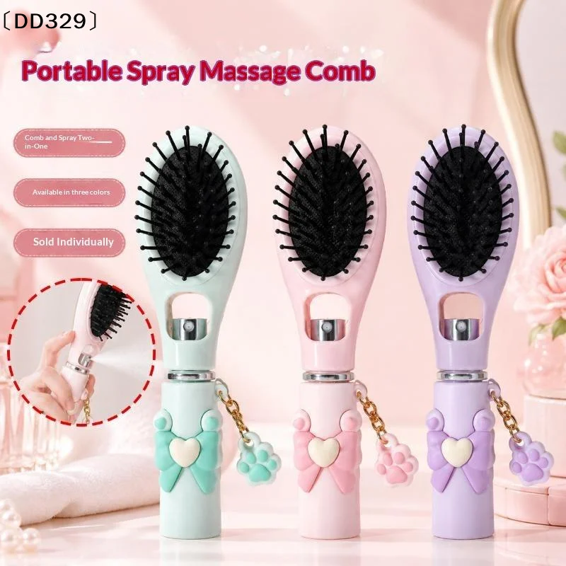 Refillable 2in1 Spray Misting Hair Brush With Cat Paw Pendant Water Mist Spray Anti-static Smooth Hair Styling Tool Women〔DD329〕