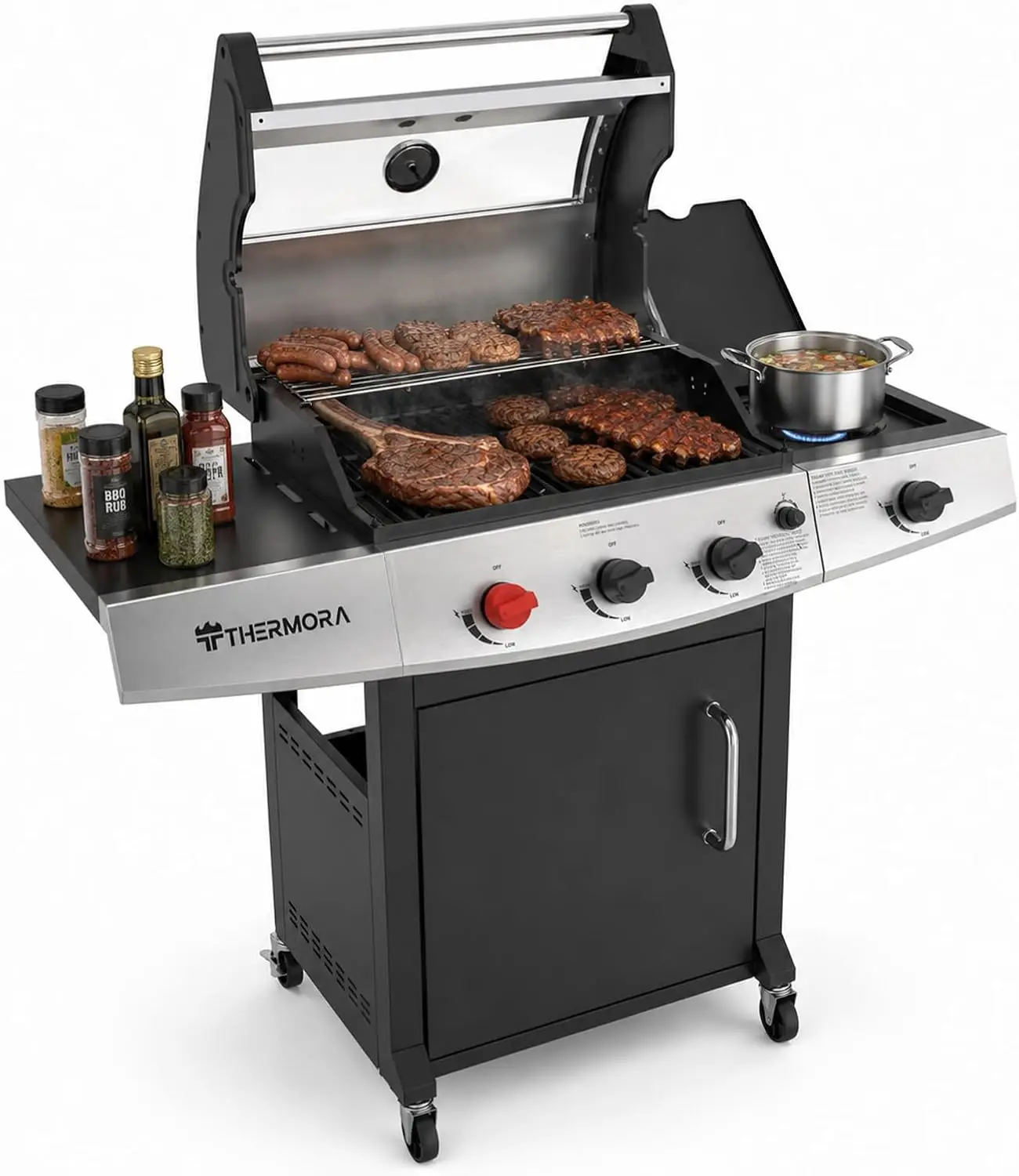 

Propane Gas Outdoor Grill 50,000 BTU, 553 Sq.in, Searing Burner, Side Burner, Porcelain-Enameled Grates BBQ Grill, Stainless St