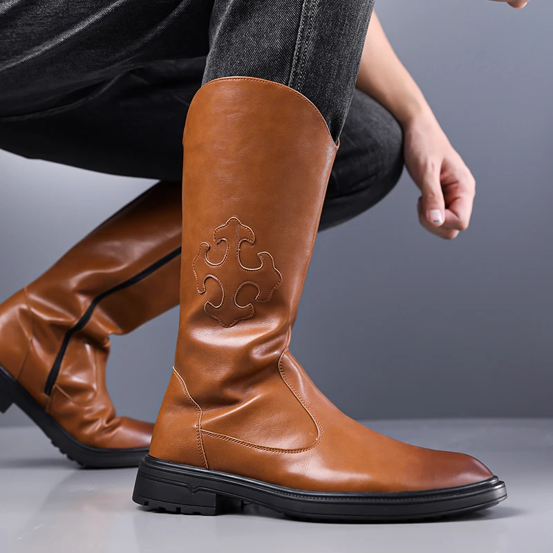 Men's Long-Shaft Denim Boots Western Boots Riding Boots  Motorcycle Boots with Side Zippers for Easy On and Off