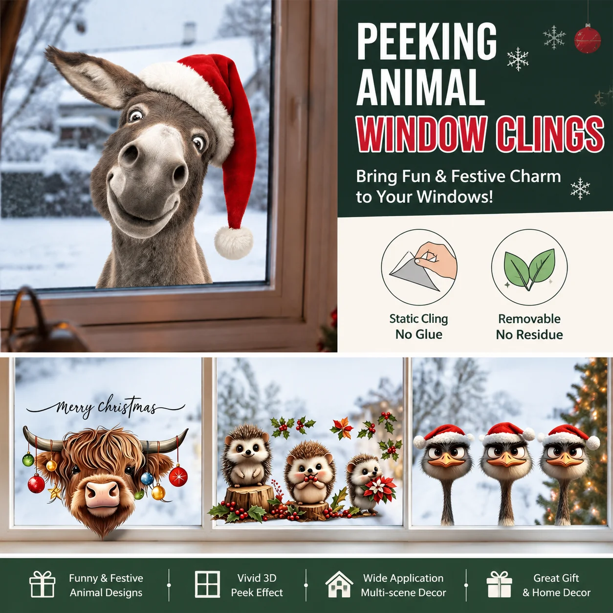 Peeking Animal Christmas Window Clings Removable Static Window Decals Highland Cow Decor for Home Glass Door Holiday Ornament