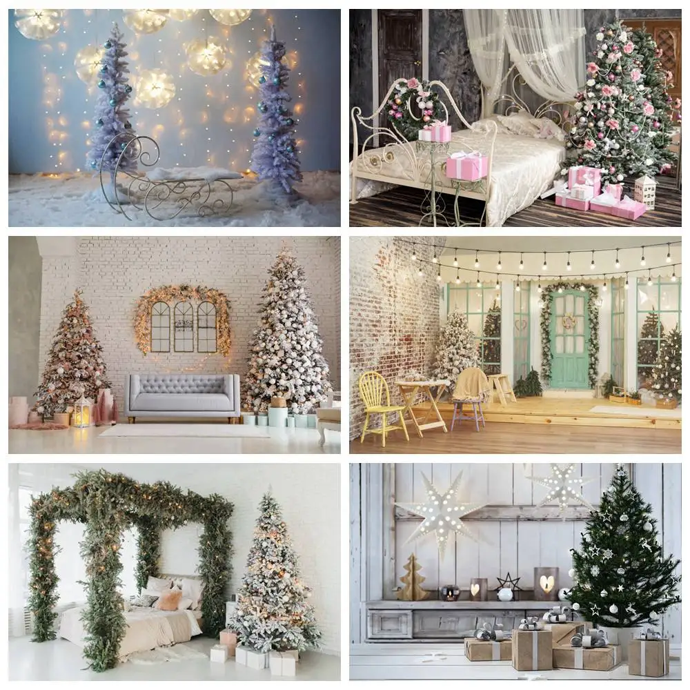 

MOON.QG Silver Christmas Trees Backdrop for Photography Lighting Pine Fireplace Photo Zone Background Girl Party Shooting Props