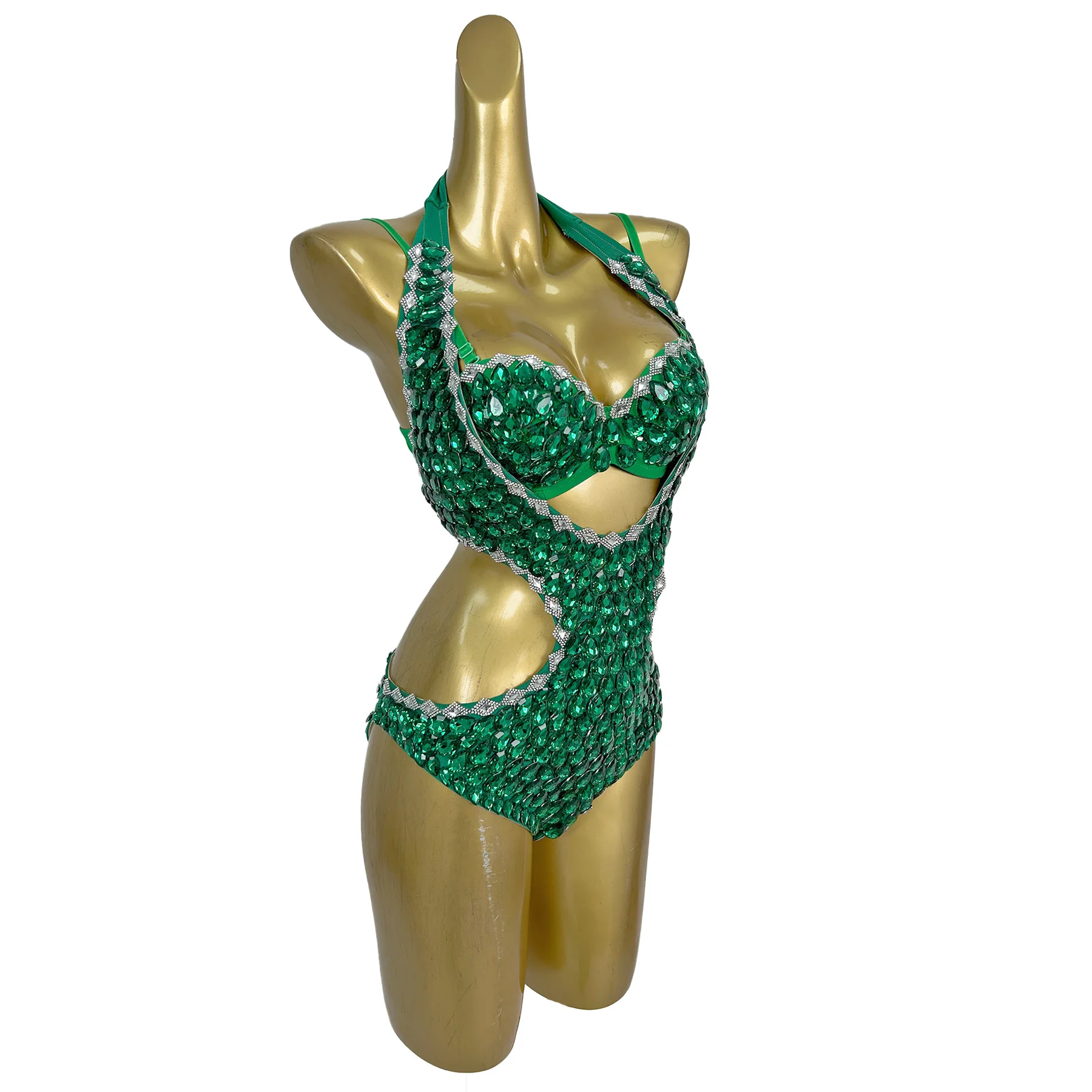 Lvqingwa Fashiona Women Bikini Set Sparkling Green Crystal Diamond Sexy Hollow Pool Party Prom Dress Bar Stage Performance Dress