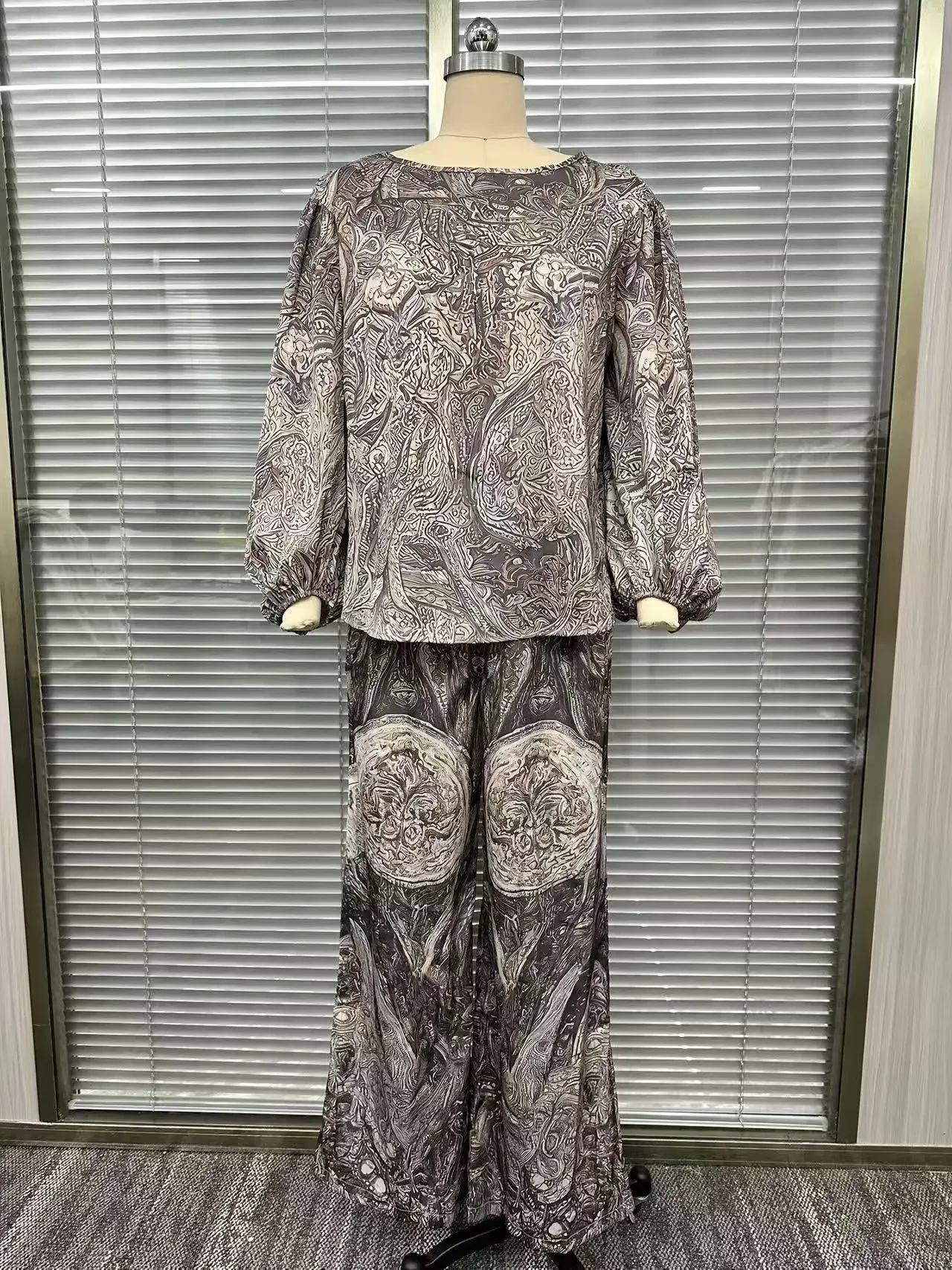 Boho Paisley Print 2 Pieces Set for Women O Neck Top Blouses Elegant Outfit 2026 Spring Casual Loose Wide Leg Trousers Suit