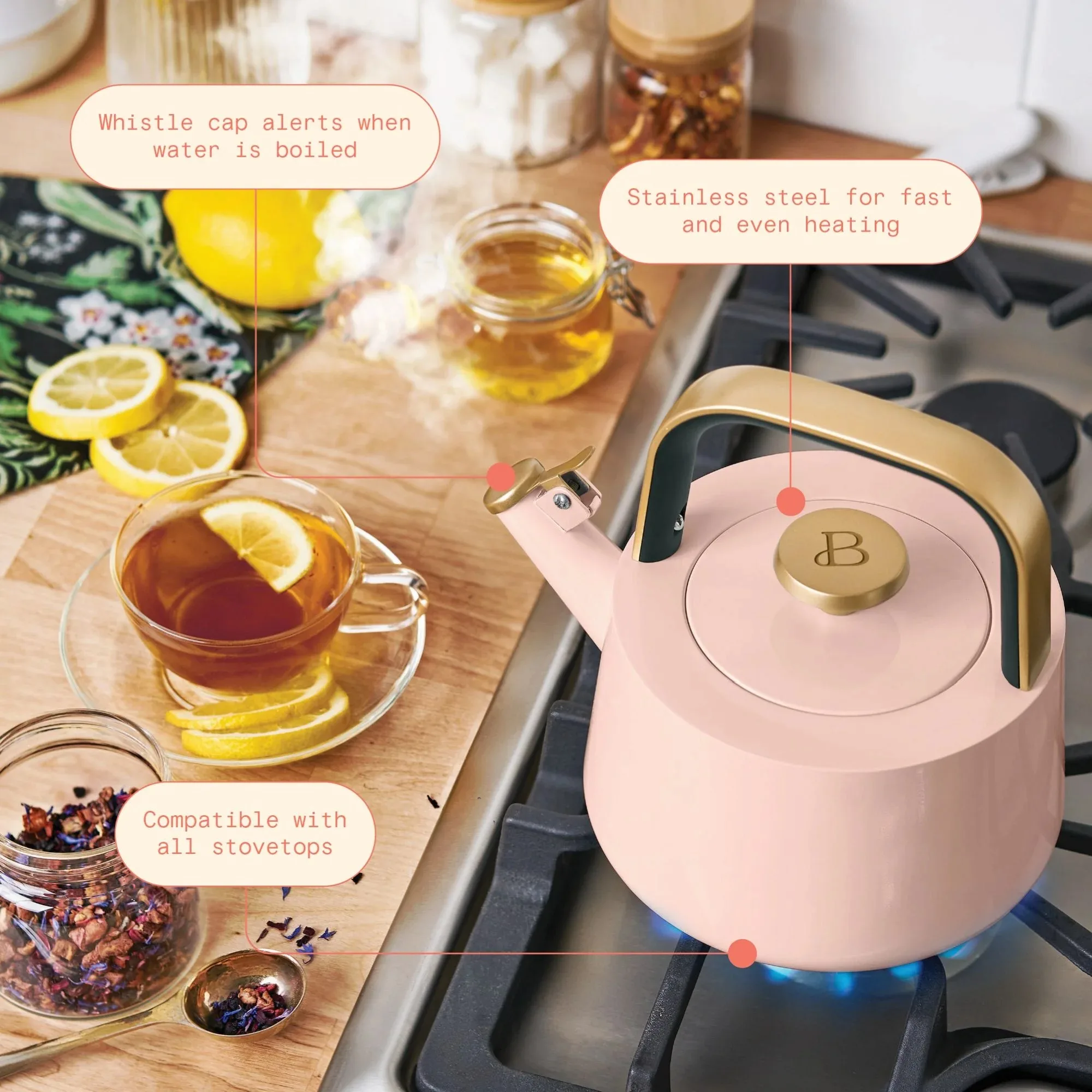 1.8L Ceramic Non-Stick Stovetop Tea Kettle,Make the handle smooth and heat-resistant, Rose