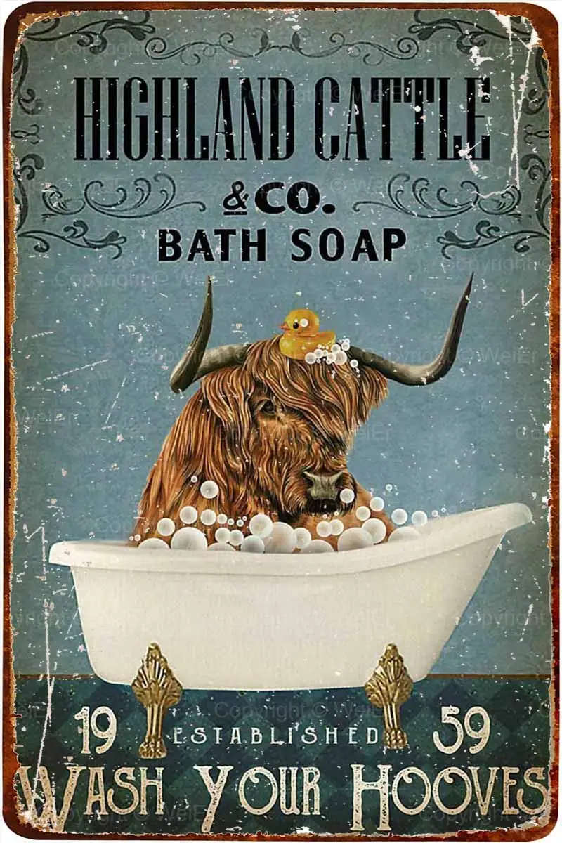 Highland Cattle Bath Soap Metal Poster Art Tin Sign Vintage Iron Painting Creative Wall Decoration for Office Bathroom