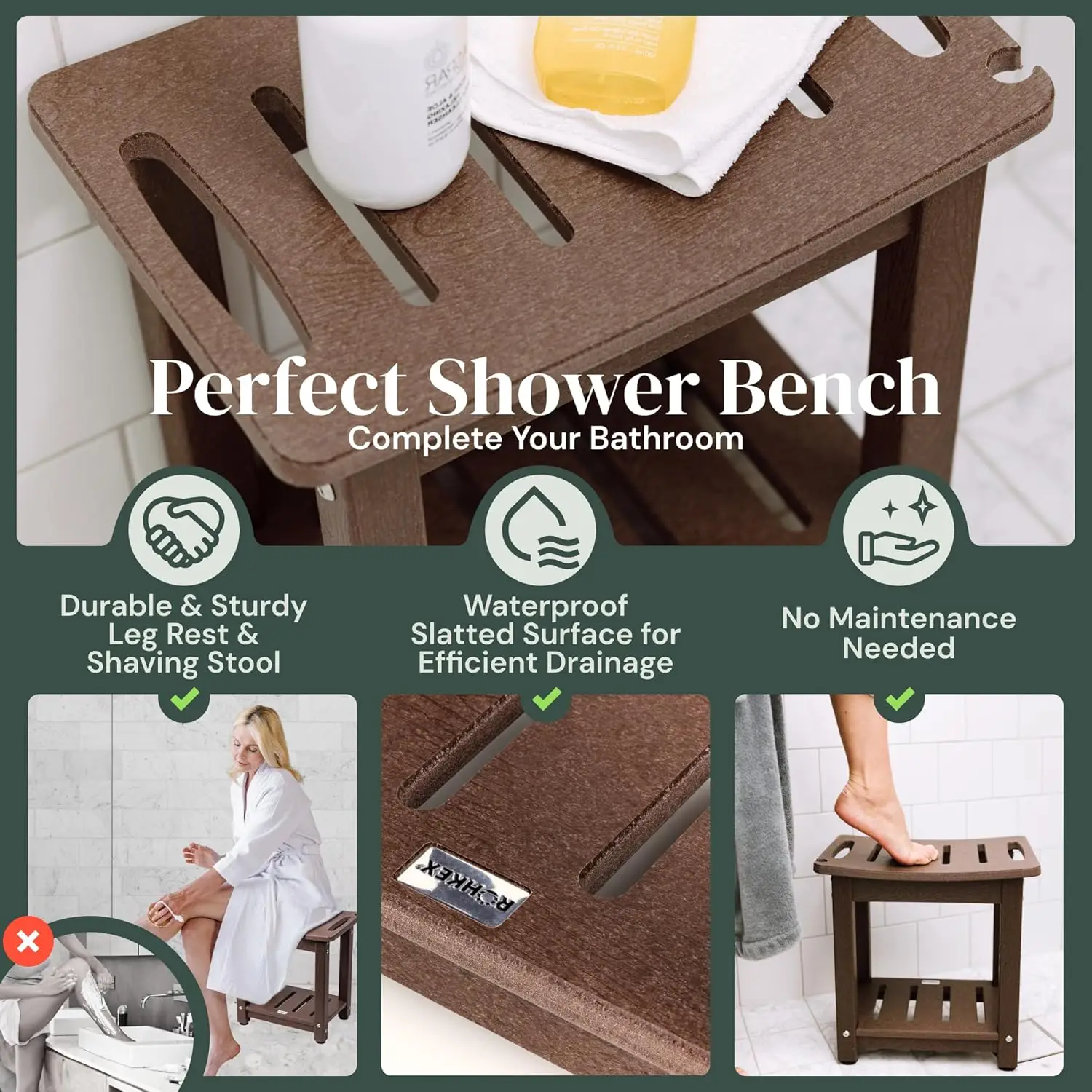 Hdpe Shower Bench, Waterproof Stool (Dark Brown, Bench)