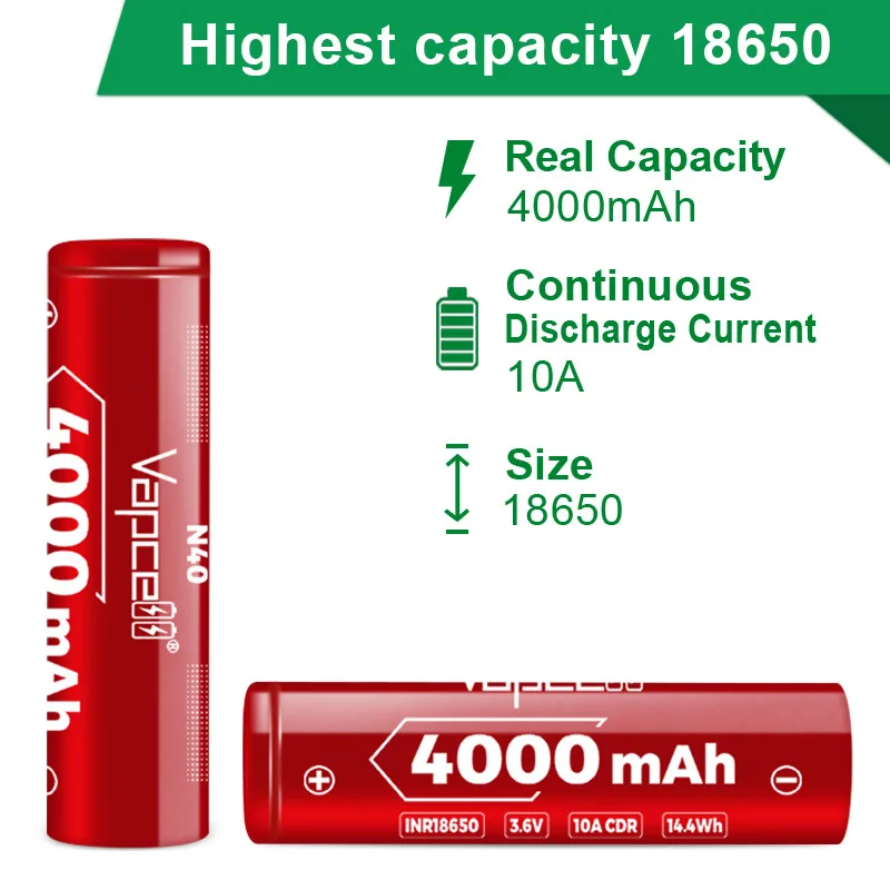 Original Vapcell N40 INR 18650 Battery Highest Capacity 4000mah CDR 10A 3.6V Reachargeable Batteries For UAV VapeMod Flashlight