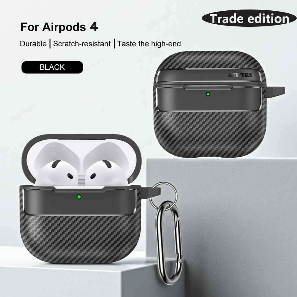 Shockproof Case For Airpods 4 Cover Carbon Fiber Texture Black Clear Shell For AirPods 4 4th 2024 Coque Accessories With Hook