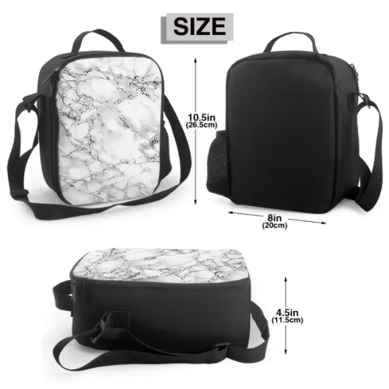 White Marble Print With Black Texture Thermal Lunch Bag for Kids Boys Girls Washable Tote Lunch Container for Work School Travel