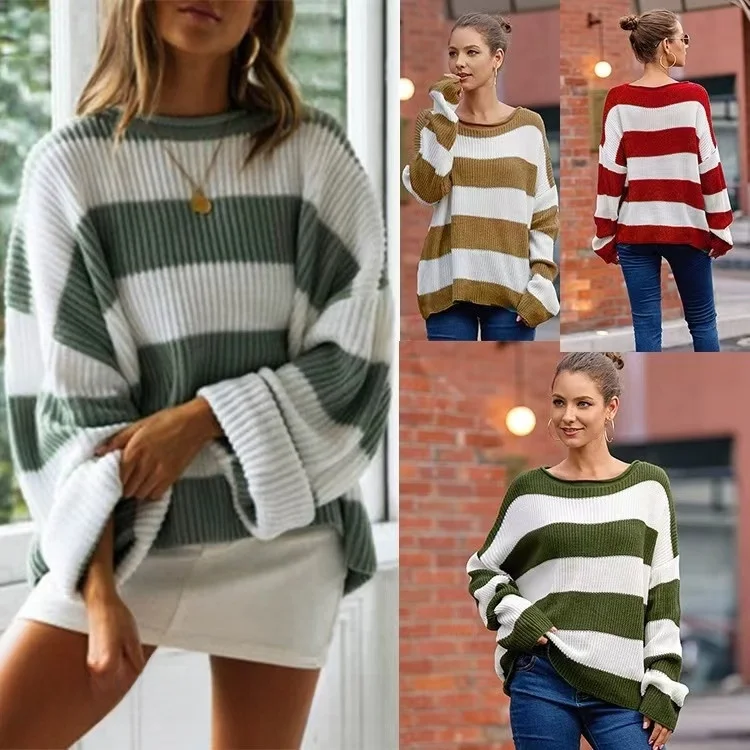 ルーズニットセーターストライプ秋冬新スタイルレディースファッション快適なラウンドネック長袖カジュアルトップ