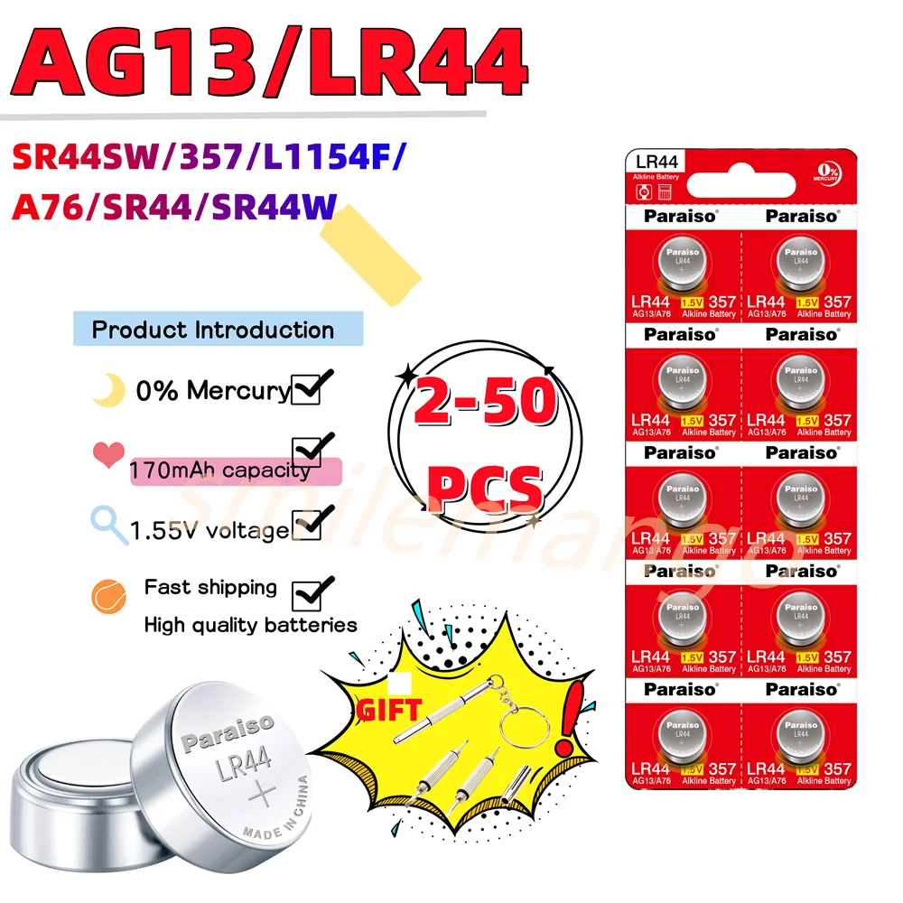 

New High-Capacity1.55V AG13 LR44 L1154 RW82 SR1154 SP76 SR44 Button Batteries A76 LR1154 GP7 Cell Coin Watch Toys Remote Battery