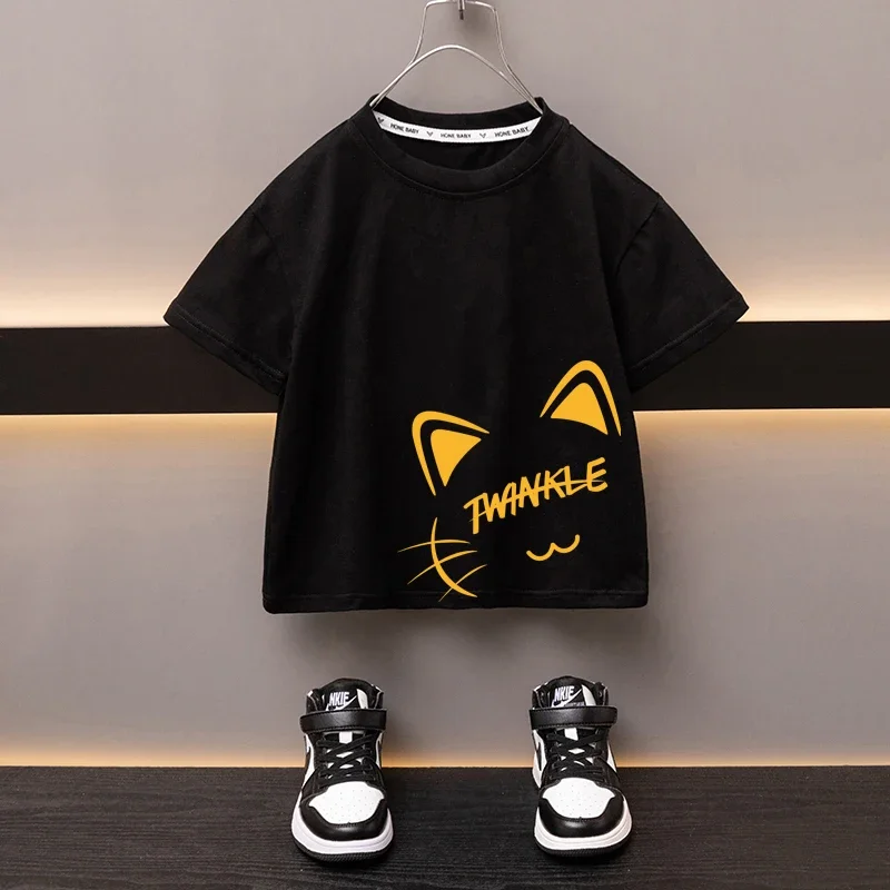 100% Cotton Children\'s T-shirt Boys Round Neck Black Tees Japan Cartoon Cute Cat Girl\'s Top High Quality Printed Clothing 2024