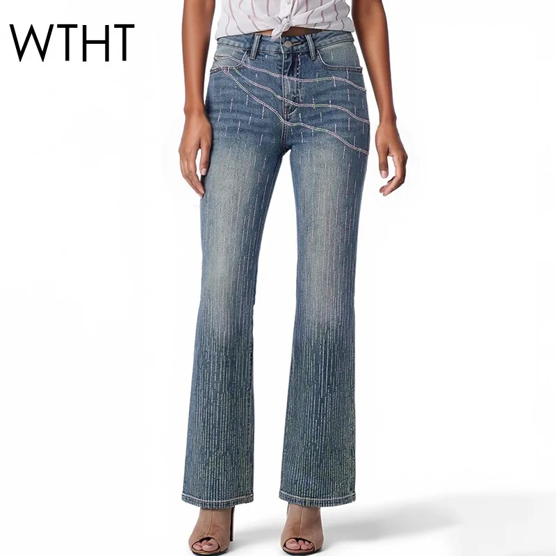 

WTHT Trendy New Women's Heavy Industry Striped Diamonds Straight Jeans 2026 Spring High Waist Denim Pants Female 1LS2899