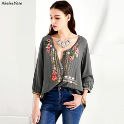 KHALEE YOSE Boho Floral Embroidery Blouses Shirt Autumn Spring Mexican Shirt Long Sleeve Button Front 3xl Ethnic Shirts Tops