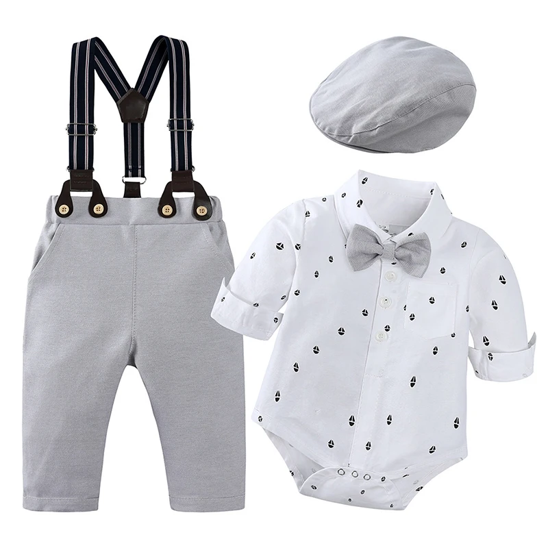 4Piece Sets Fall Newborn Boy Clothes Fashion Gentleman Cotton Long Sleeve Bodysuit+Pants+Straps+Hat Baby Luxury Clothing BC1566