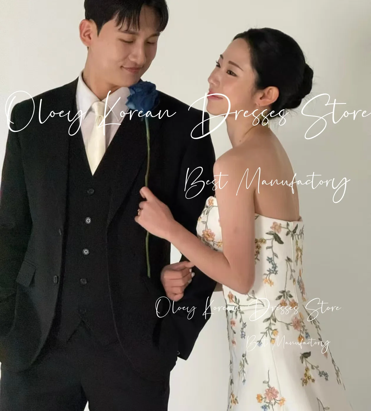 OLOEY أنيقة التطريز الزهور فستان حفلات الزفاف Straples سويب تراين الساتان كوريا صورة تبادل لاطلاق النار فستان زفاف مخصص ستناء