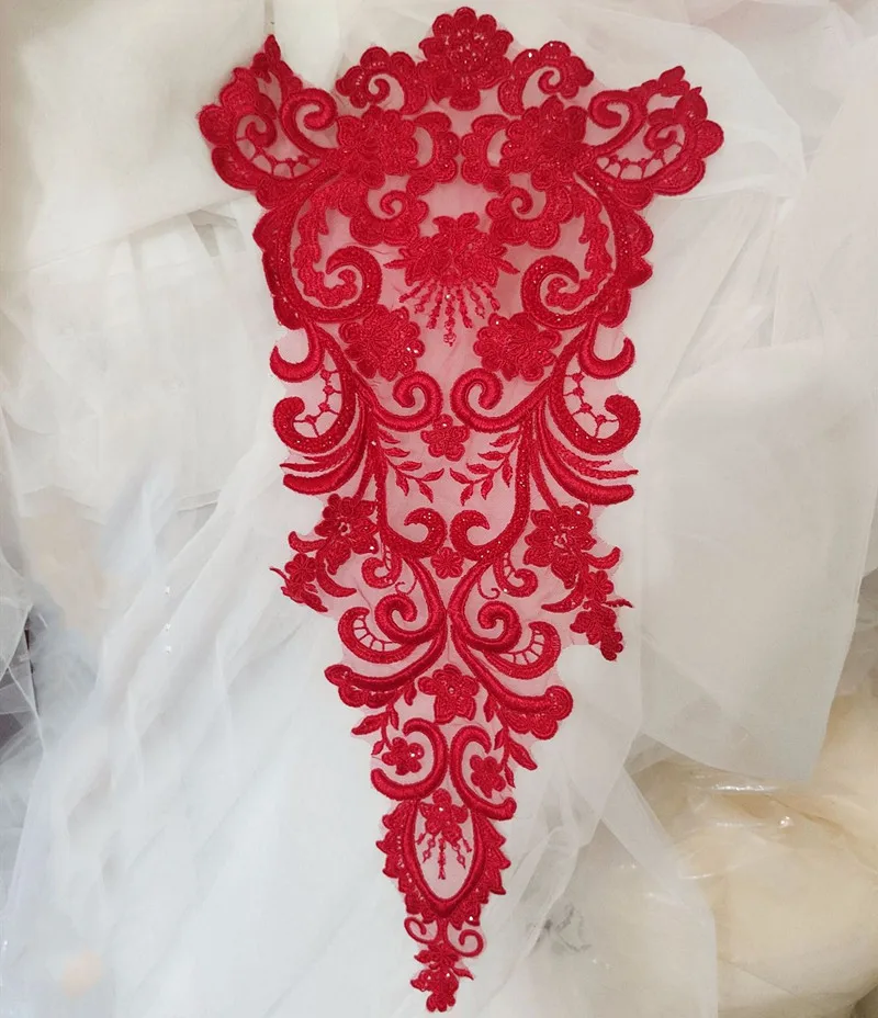 Nero Rosso Avorio In Rilievo di Lusso Del Merletto Del Ricamo Posteriore Autoadesivi Del Fiore Abito Da Sposa Sfilata di Moda Decorazione A Mano FAI