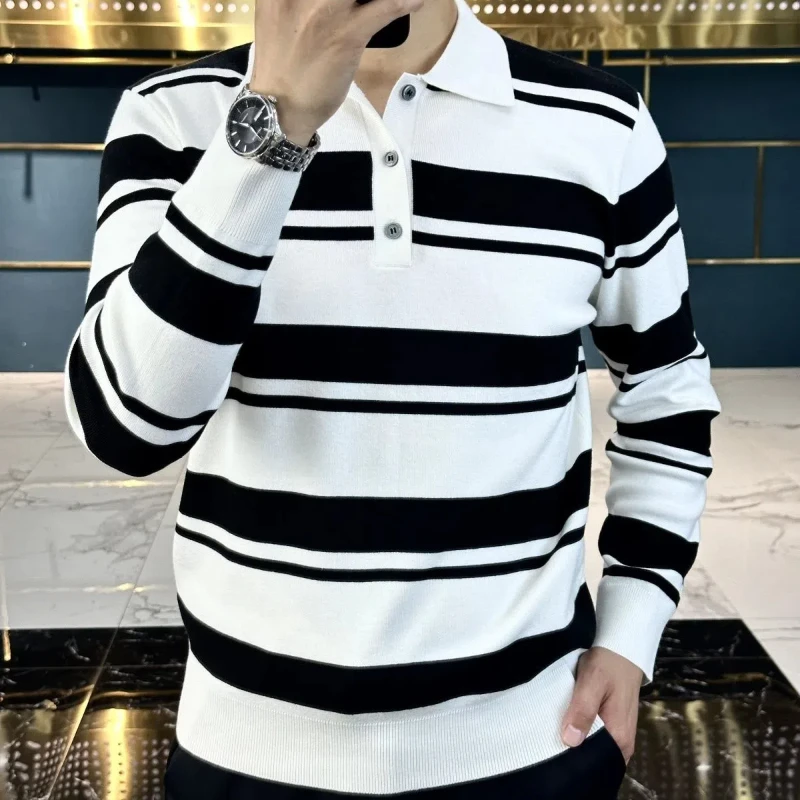 Autumn Winter New Light Luxury Men's Long Sleeved Knitted Sweater Fashionable Casual Versatile Striped Lapel Polo Sweater Trend