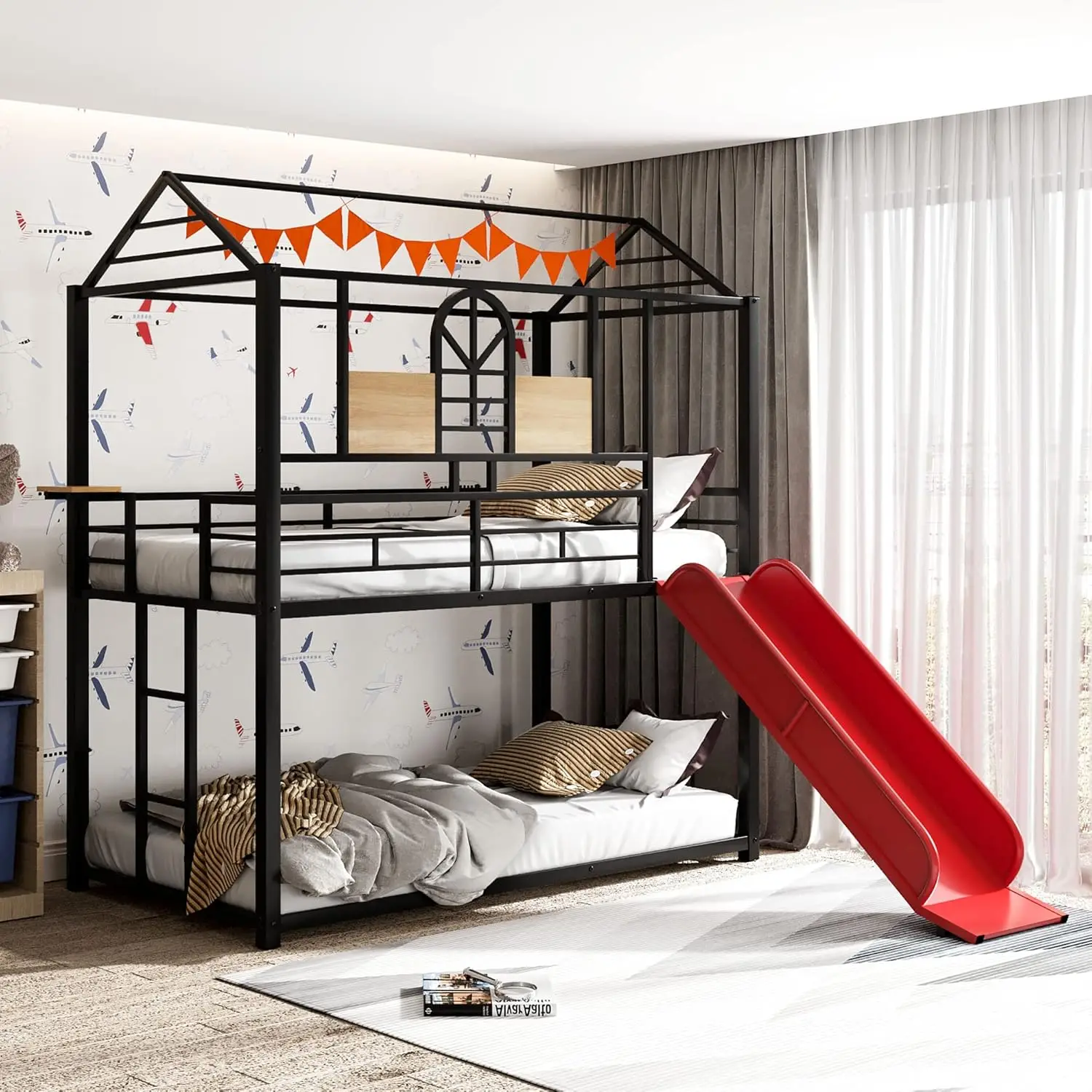 

Metal Bunk Bed, Twin Over Twin House Bunk Bed Frame with Slide, Full-Length Guardrail and Roof, for Kids Toddlers Girls Boys, (B