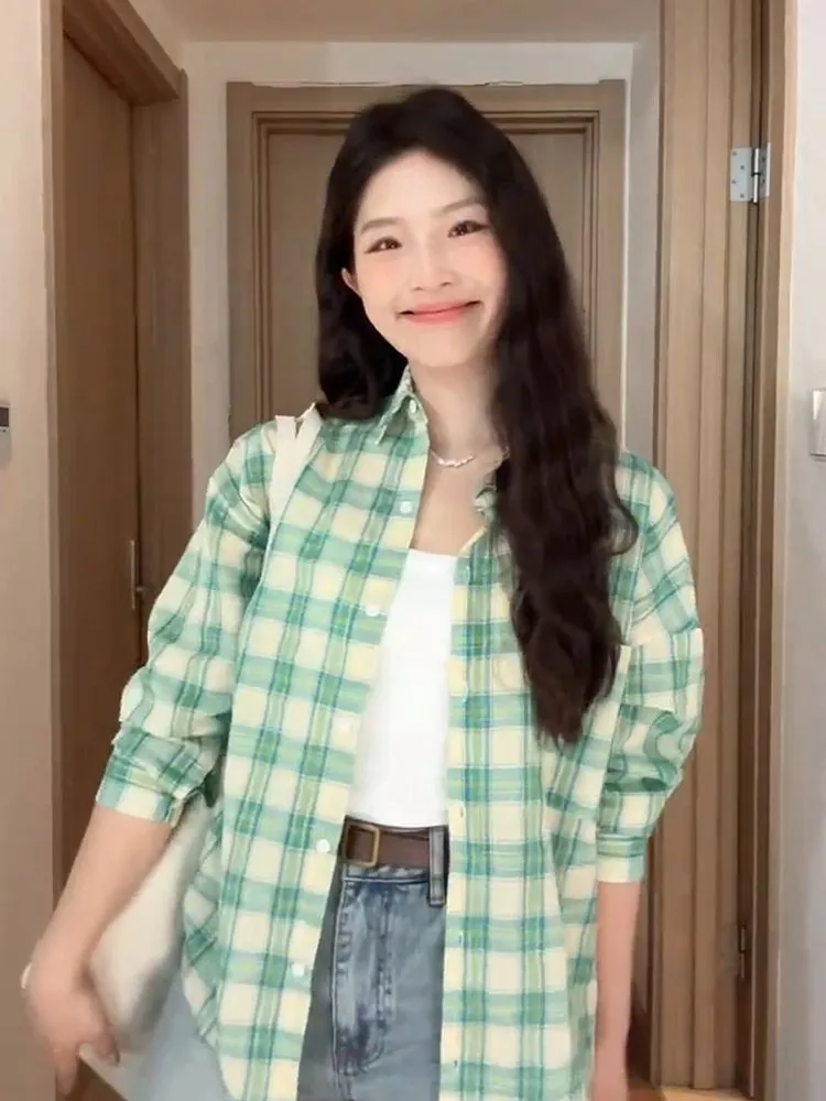 

Women's Loose Fit Long Sleeve Sun Protection Shirt Early Spring Outerwear Lazy Style Green Plaid High End Feeling Top