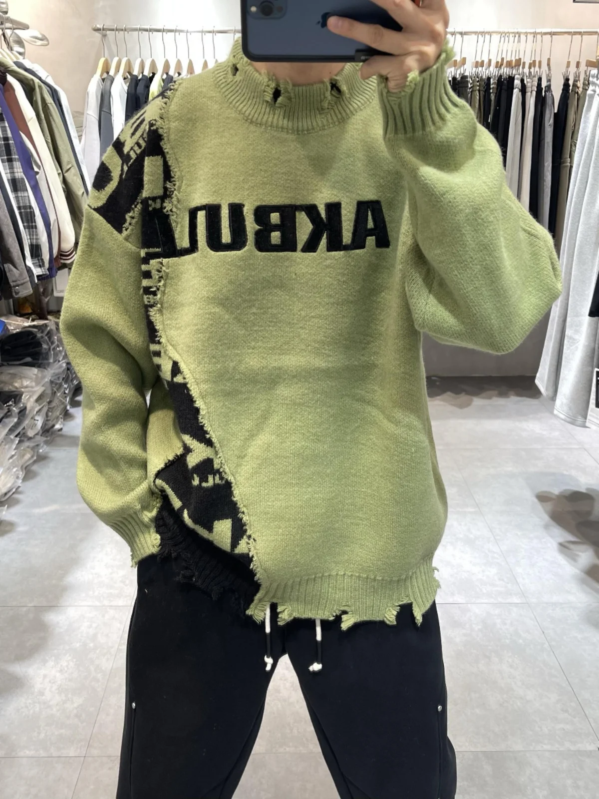 

American High Street Sle Men's Crew Ne Knitwear Spring Autumn Trendy Hiphop Couple Match Haome Patchwork Sweater