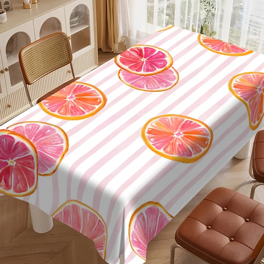 2D Pink-Orange Fresh Fruit Style Tablecloth with Pink Striped Background and Pink Grapefruit Pattern, Machine Washable Polyester Tablecloth, Multiple Sizes Available, Suitable for Kitchen Dining Tables, Restaurants, Coffee Tables, Outdoor Party