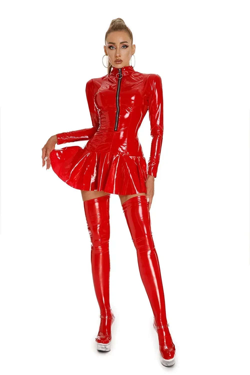 Vrouwen Sexy Glanzend Pvc Lederen Jurk Dame Erotische Vormgeving Latex Geplooide Korte Jurk Rits Porno Borst Bloot Latex Mini Jurk