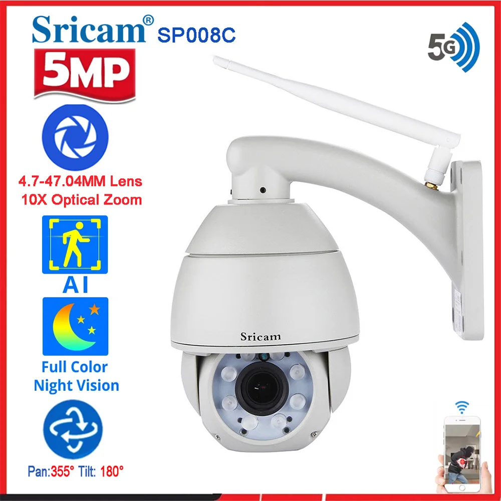 

Sricam SP008 5MP 5G Wifi IP Smart Camera Outdoor Waterproof Wireless CCTV 4" PTZ Starlight Full Color Vision Surveillance System