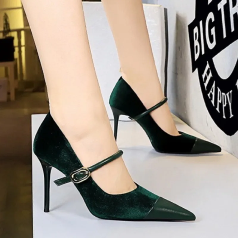 Women's High Heels Pointed Toe Suede Mary Jane Pumps Color Block Cap Toe Single Strap Gold Buckle Stiletto High Heel Dress Shoes
