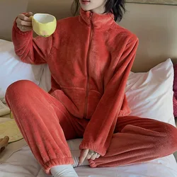 Casual Winter Plush Pajamas Set Women Full Sleeve Tops Long Pants Flannel Pyjama Warm Soft Cute Homewear Suit Pijama Mujer