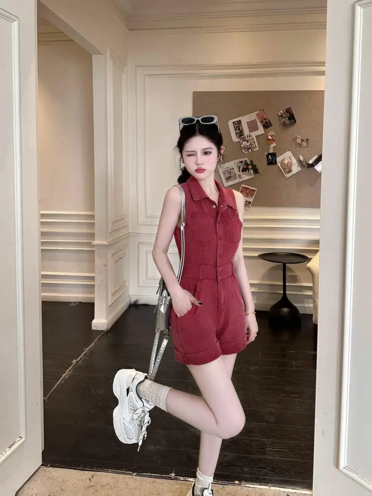 夏レッドデニムハイウエストシングルブレストショーツジャンプスーツ女性カジュアルノースリーブオフショルダーショートパンツロンパースストリート