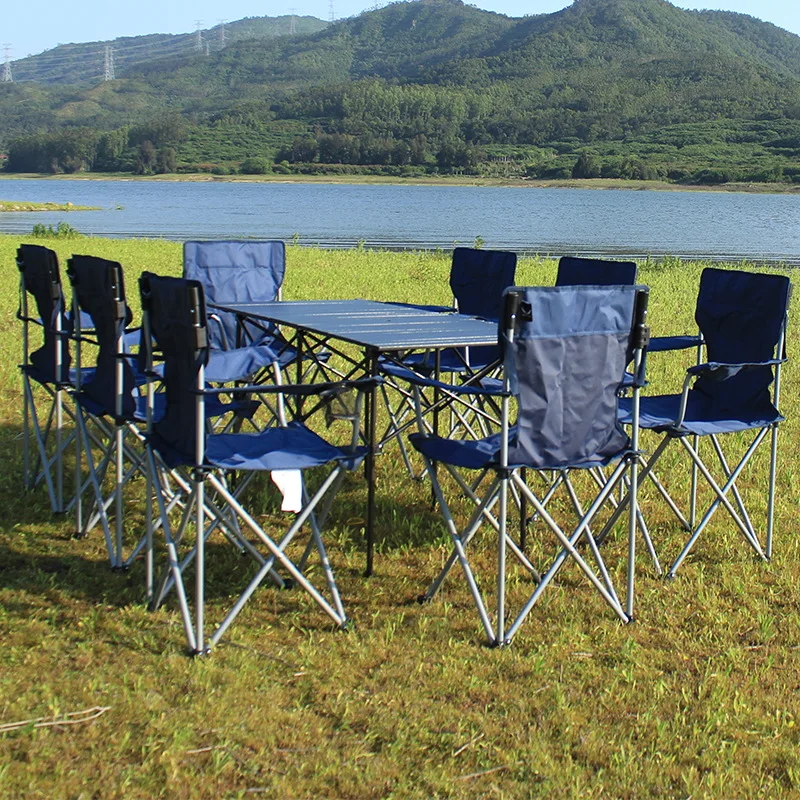 

Outdoor folding tables and chairs, set combination vehicle-mounted camping beach, self-driving aluminum table blue chair