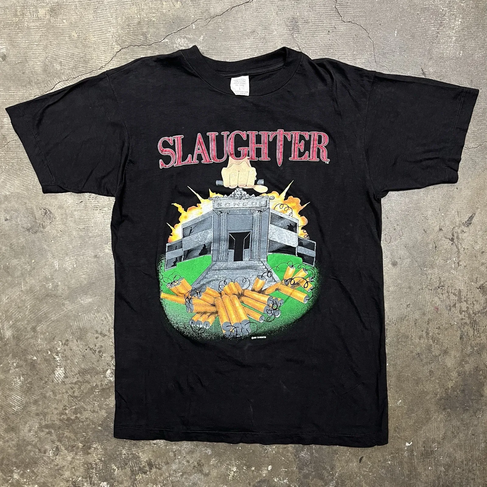

Vintage Slaughter Schools Finally Out Tour Heavy Metal Tee Size L Rock Band