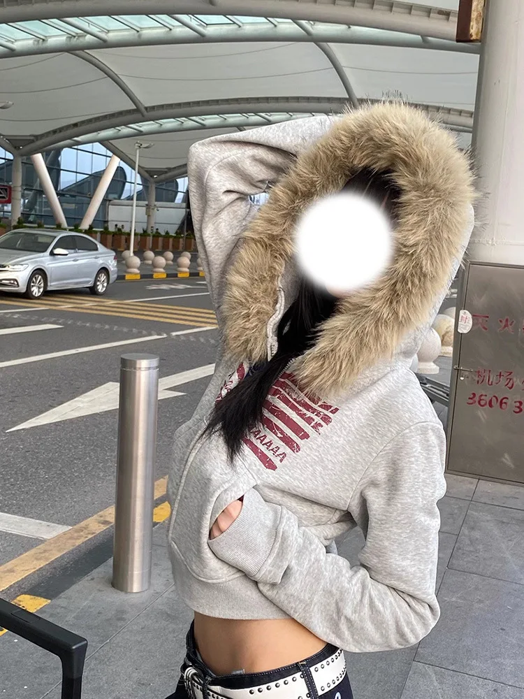 

New vintage hooded sweater cardigan, autumn and winter fur collar lazy style jacket, trendy long-sleeved clothing