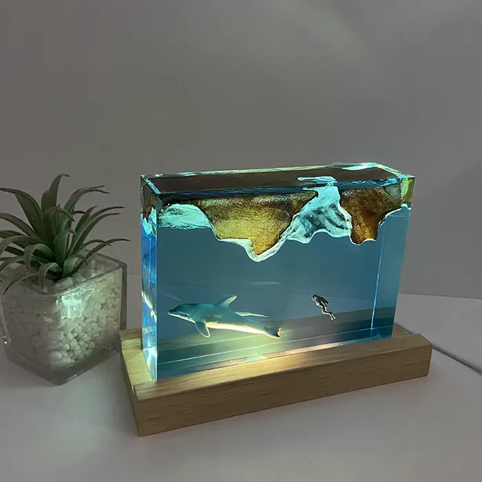 Underwater World Resin Lamp Ornament Dolphin and Diver Creative Atmosphere Home Decoration Crafts Gift