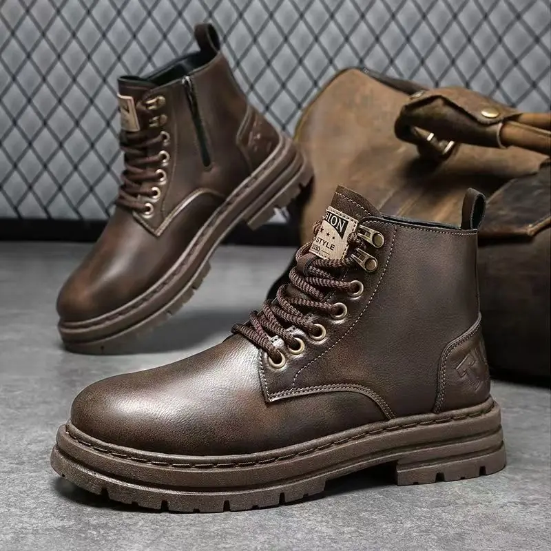 

Men's Autumn Winter New Leather Ankle Boots Thick Sole Non Slip Round Toe Waterproof Lace Up Outdoor High Top Work Boots
