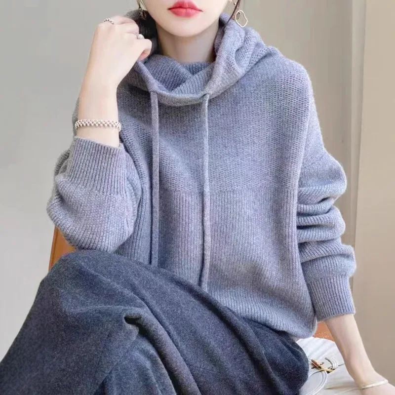 [EWQ] Soft And Comfortable Long Sleeve Hooded Knitted Sweater All-match Loose Casual Women Jumper 2024 Autumn New Tide 16O3051