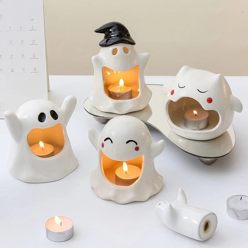 1Pc portacandele fantasma di Halloween, portacandele in ceramica con decorazioni fantasma, decorazioni per centrotavola portacandele a forma di