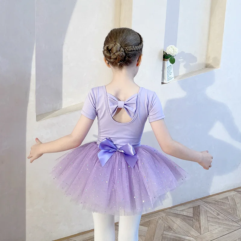 Meninas ballet vestido crianças treinamento saia crianças traje collant para ginástica tutu clássica roupas de dança manga curta verão