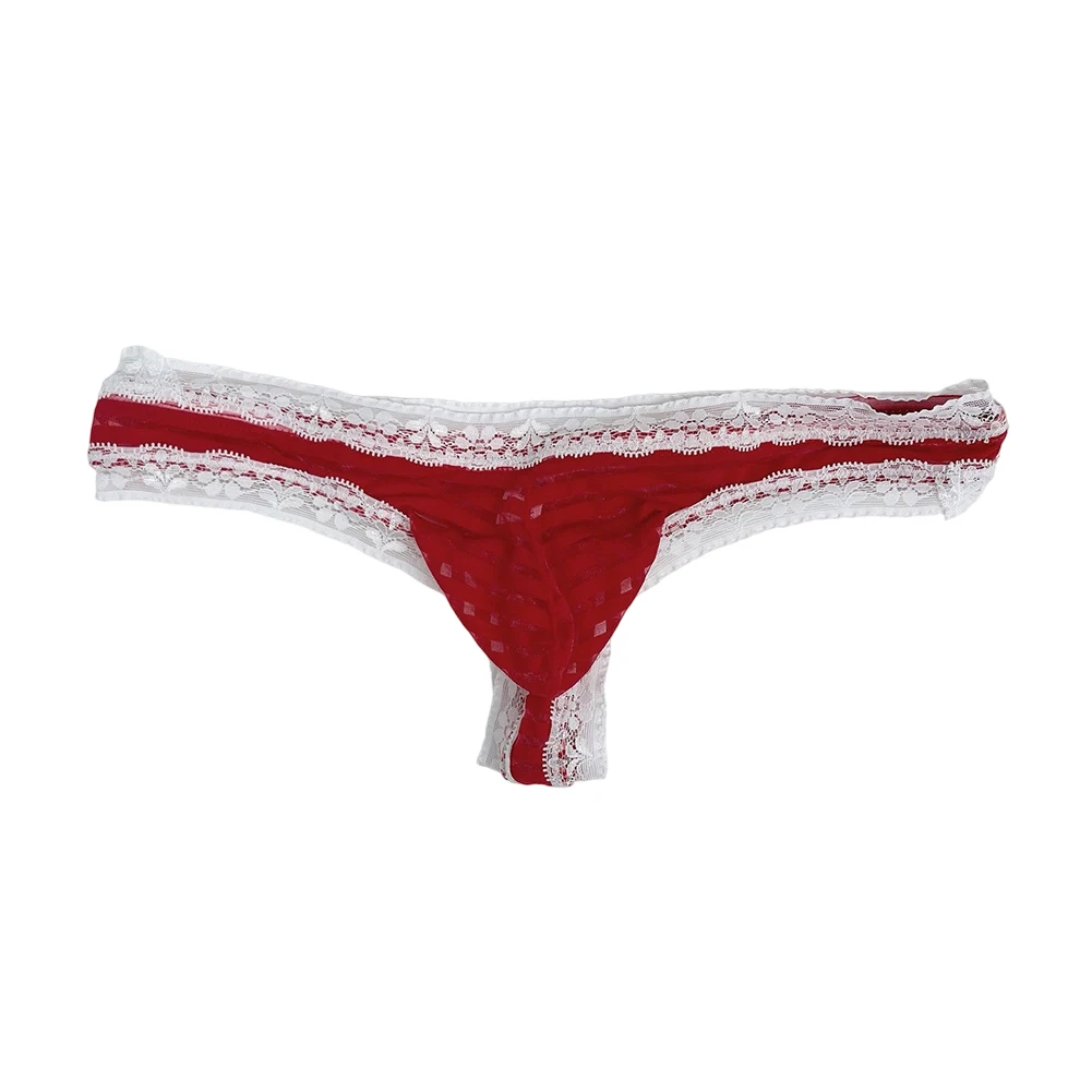 1pc Men Lace Trim Striped G-string Brief Bulge Pouch See Through Underwear Low Waist Sexy Sheer Strips Thong L-3XL Large Size