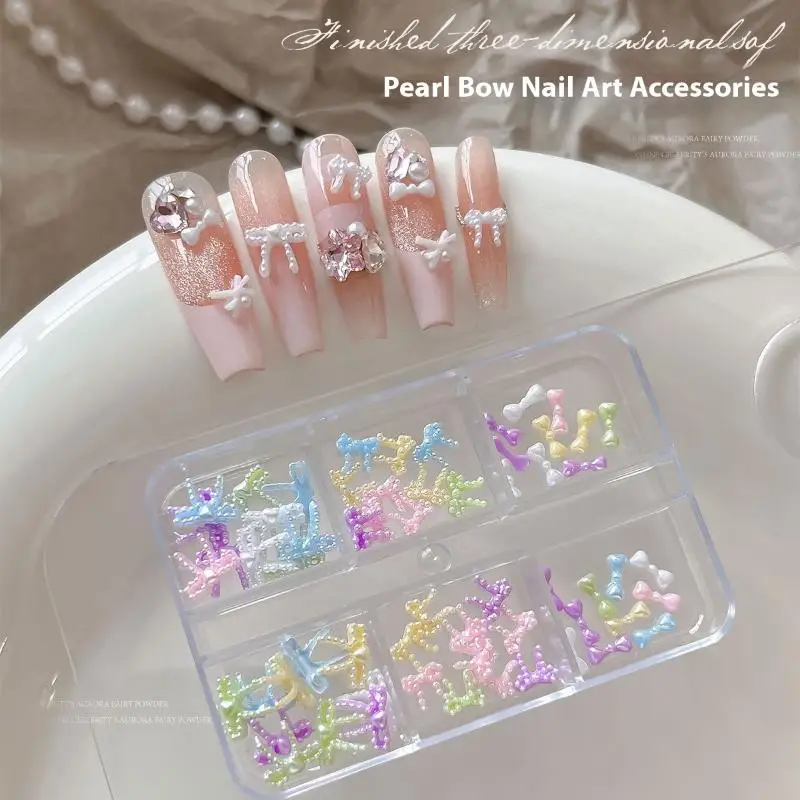 

6 Grids Colorful Pearl Ribbon Bow Nail Decoration Resin Macaron Accessories DIY Nail Glamour Stereoscopic Nail Salon