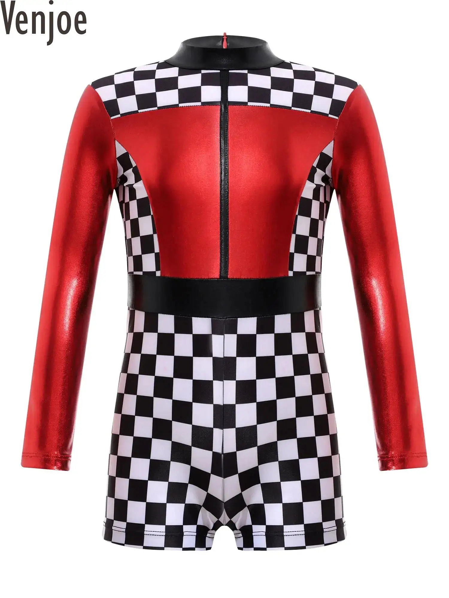 

Kids Girls Race Car Bodysuit Racer Costume Long Sleeve Checkerboard Print Zipper Short Jumpsuit Carnival Party Cosplay Costume