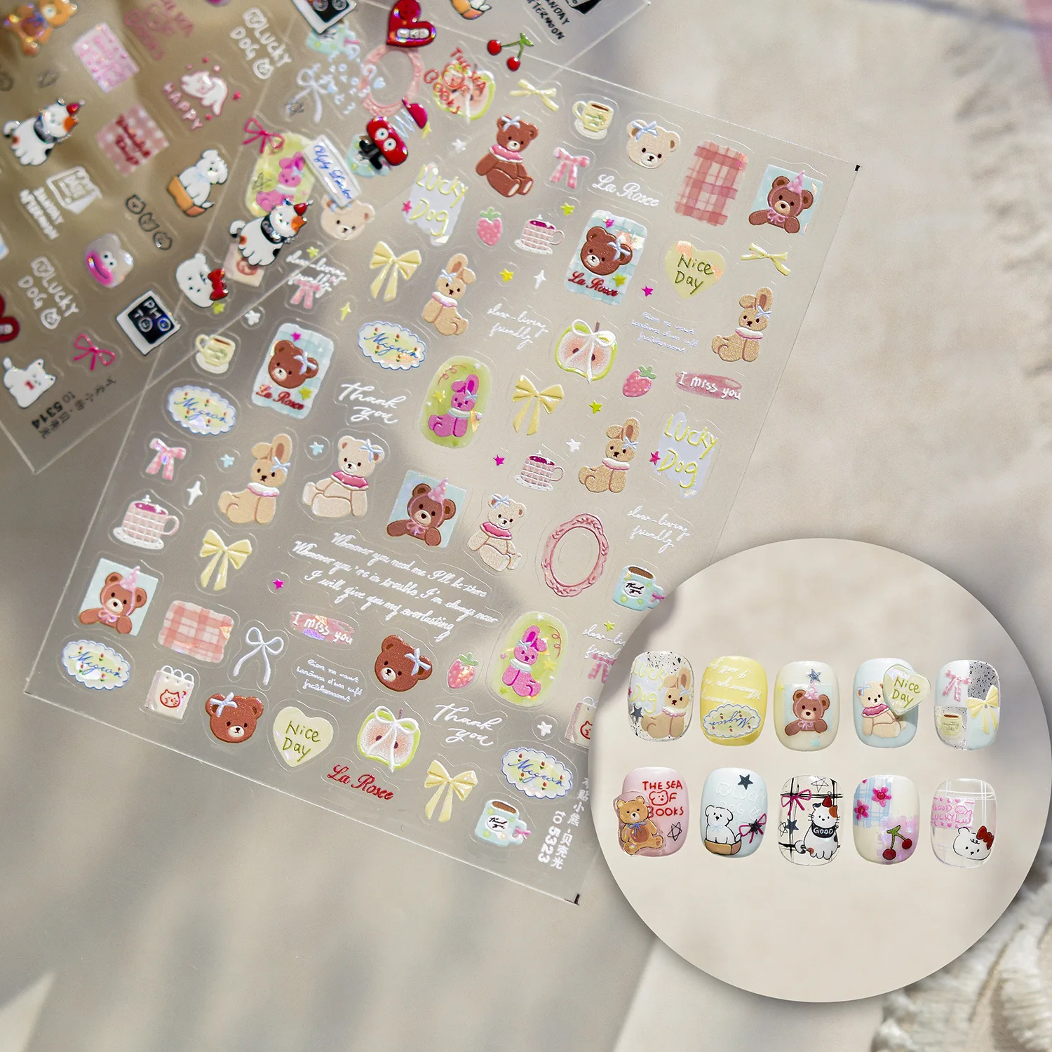 

Cute Bear Dog Rabbit Bowknot Apple Gird Sweet Cat Cherry Love Heart Flower Star Self Adhesive Nail Art Stickers Manicure Decals