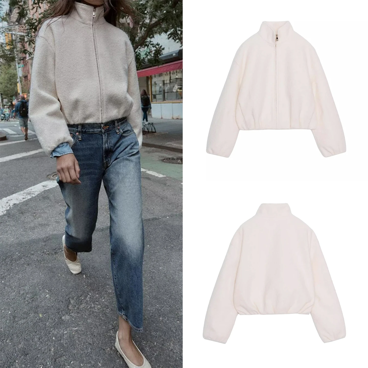 جاكيت نسائي جديد من Z لخريف 2025، معطف أنيق بياقة عالية مزين باللؤلؤ، ملابس خارجية عصرية بأكمام طويلة وطول قصير مع سحاب