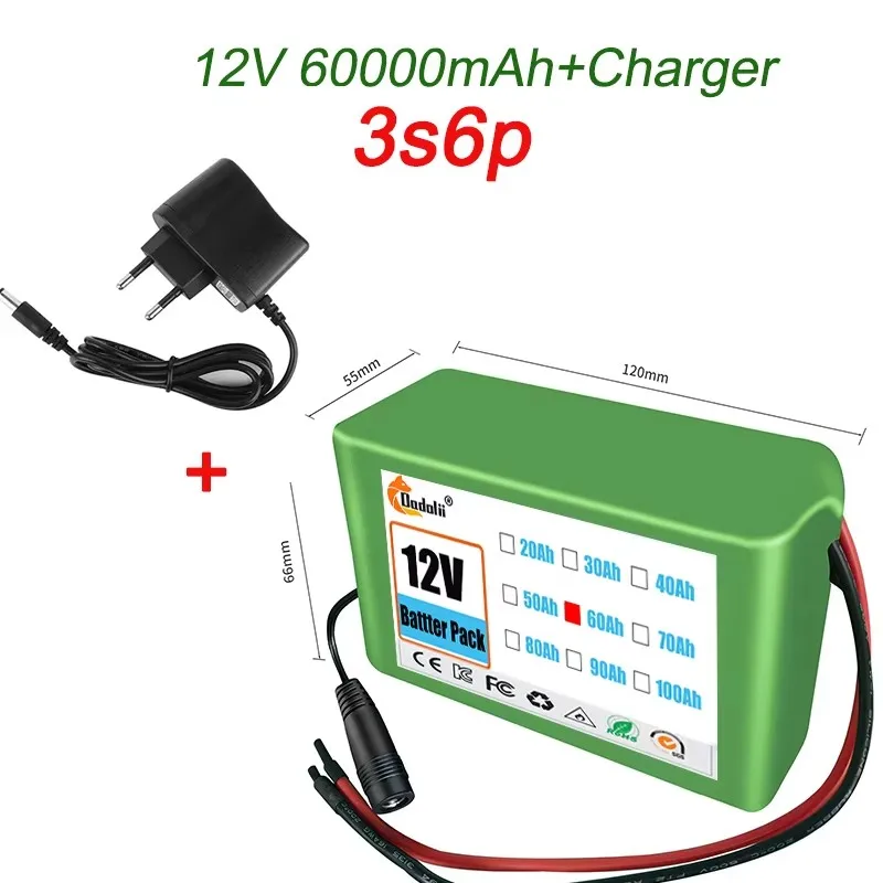 12V 50000mAh Lithium Battery Pack 18650 Rechargeable Battery With BMS Charger 3S5P For Fishing Bicycle Large Capacity Batteries