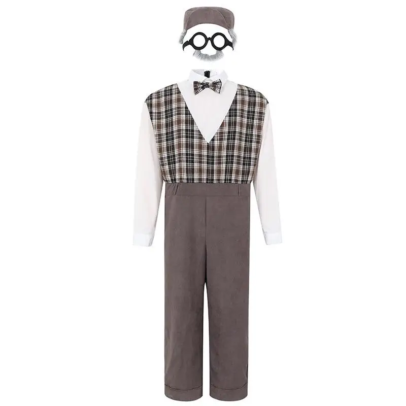 زي الجد التقليدي للهالوين بنمط مربعات، طقم رجالي على الطراز البريطاني من قطعتين، زي كبار السن التقليدي، زي صيني عرقي #5