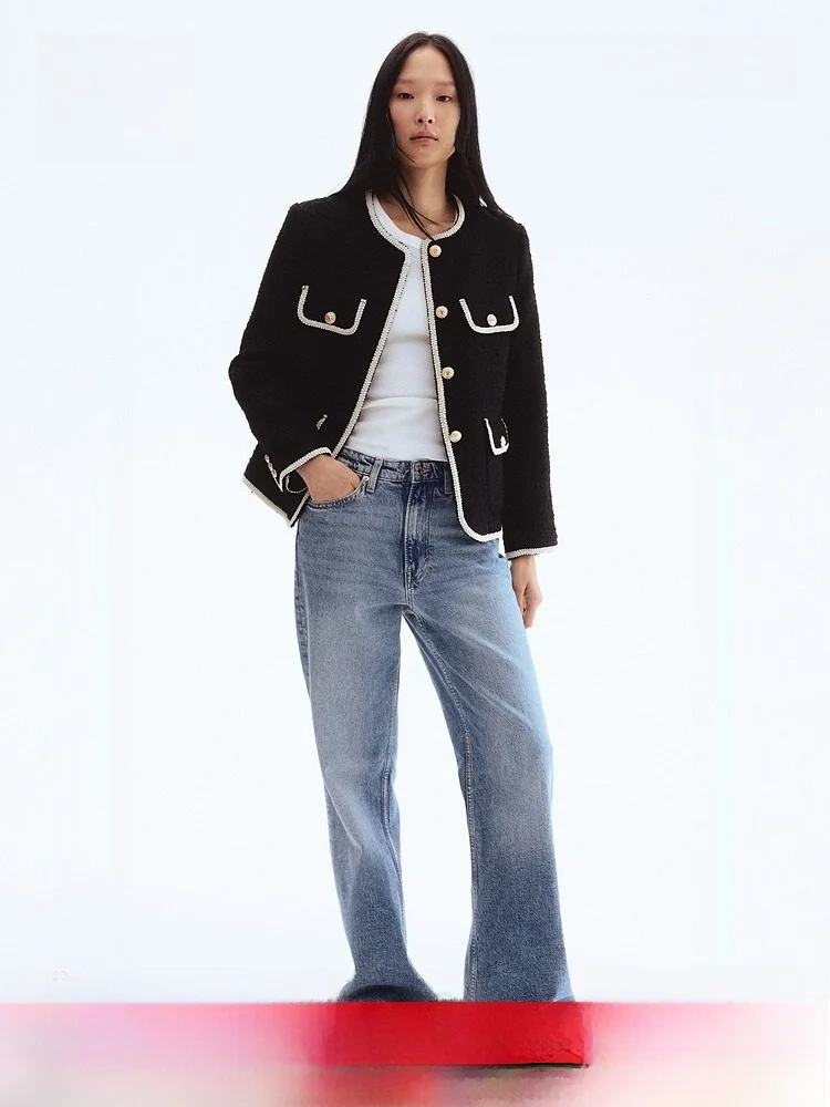 H&M Women's Fashionable Minimalist Trendy round Neck Fleece Short Jacket Standard Fit Commute Style Polyester Fiber Coat